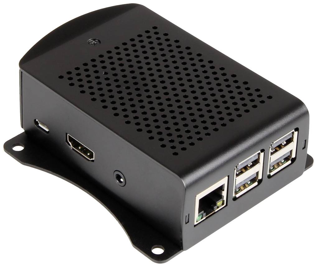Un petit ordinateur noir avec plusieurs ports USB, un port HDMI et des fentes de ventilation, placé sur une table.