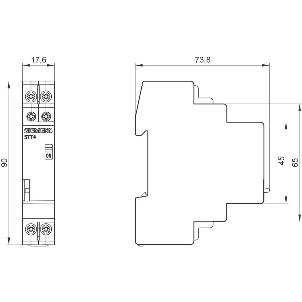 Dessin technique d'un composant électrique avec vue de face et vue latérale. Dimensions indiquées : hauteur 90 mm, largeur 17,6 mm, profondeur 73,8 mm.