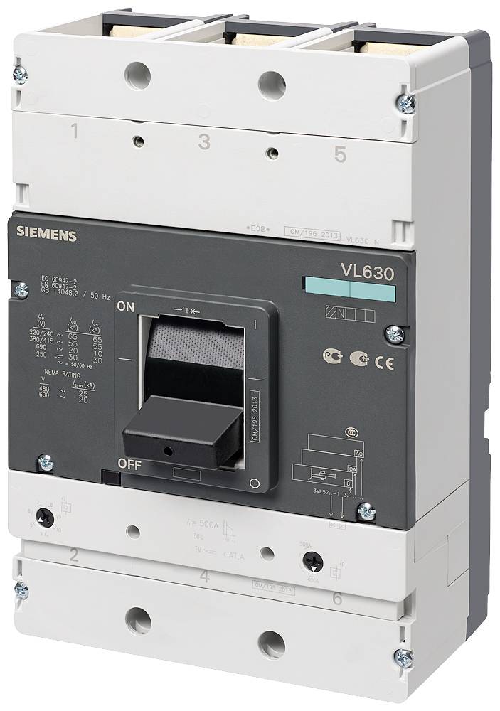 Disjoncteur Siemens 3VL5763-3DC36-0AE1 2 NO (T), 1 NF (R) Plage de réglage (courant): 630 A (max) Tension de contact (max.): 690