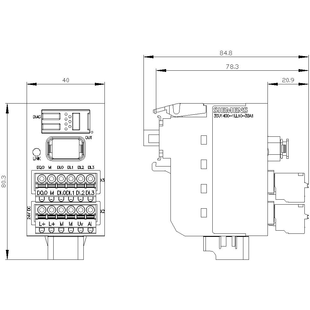 Dessin technique d'un appareil électronique avec des dimensions détaillées. Vues de face et de côté avec des connexions et des étiquettes.