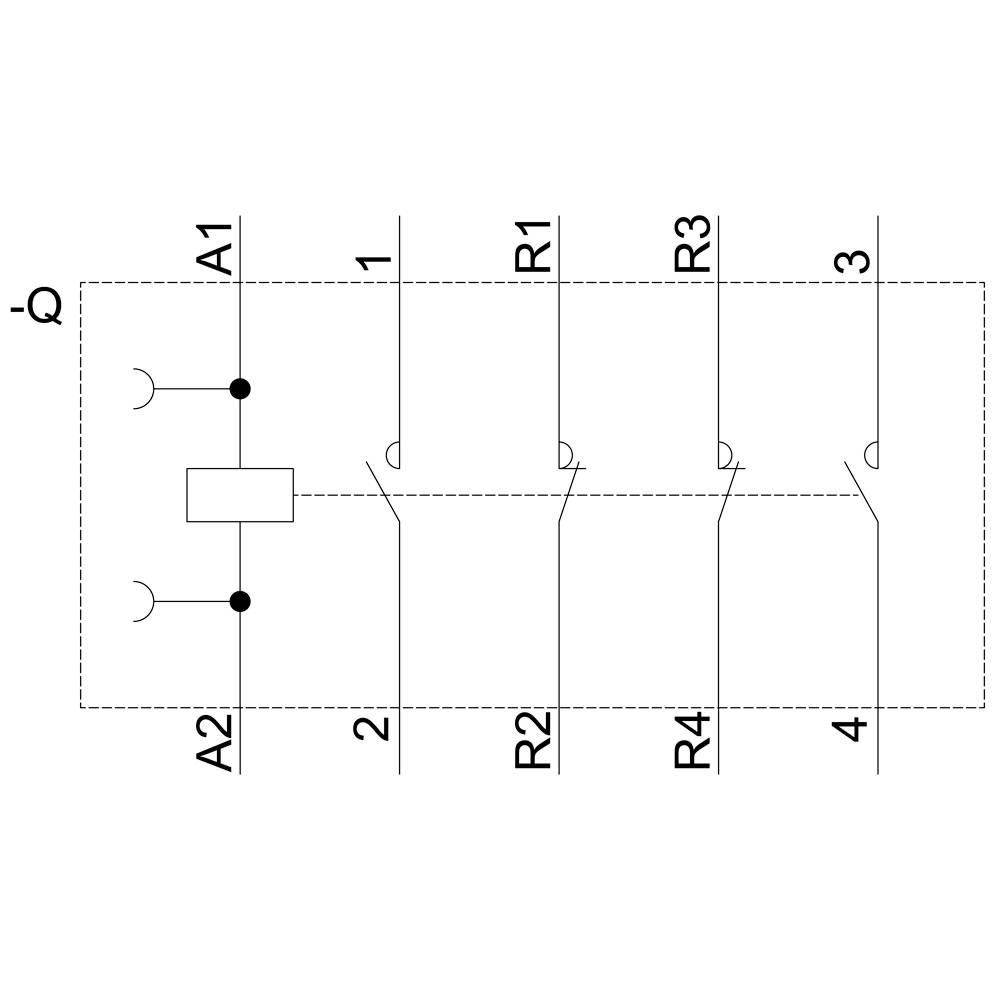 Le schéma de câblage montre un relais avec la bobine A1 et A2, ainsi que quatre contacts R1 à R4. Les contacts indiquent différentes positions de commutation.