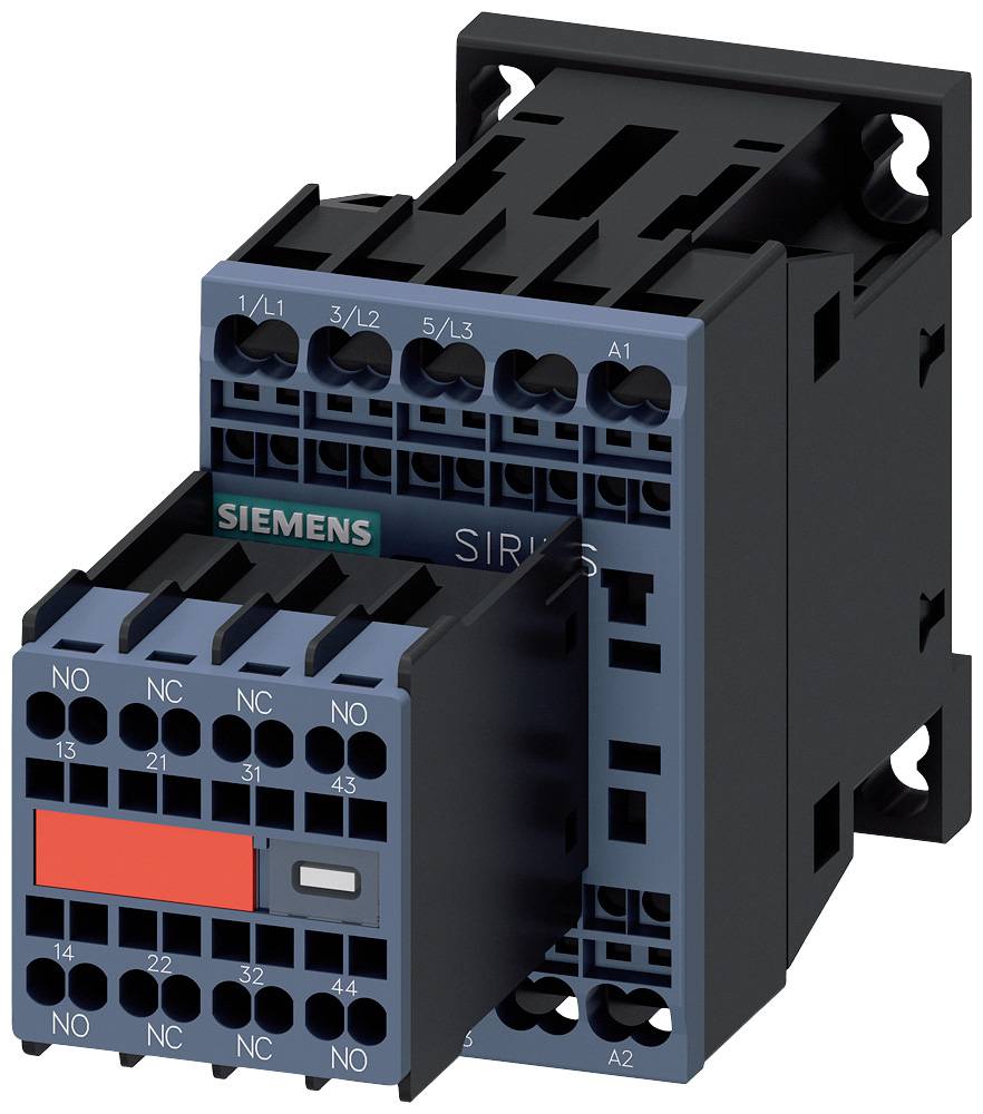 Un contacteur Siemens noir avec des éléments bleus et rouges est présenté. Il sert à commander des moteurs électriques dans des armoires électriques.