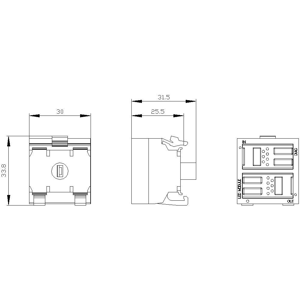 Dessin technique d'un interrupteur électrique avec les dimensions suivantes : largeur 30 mm, hauteur 33,8 mm, profondeur 31,5 mm.