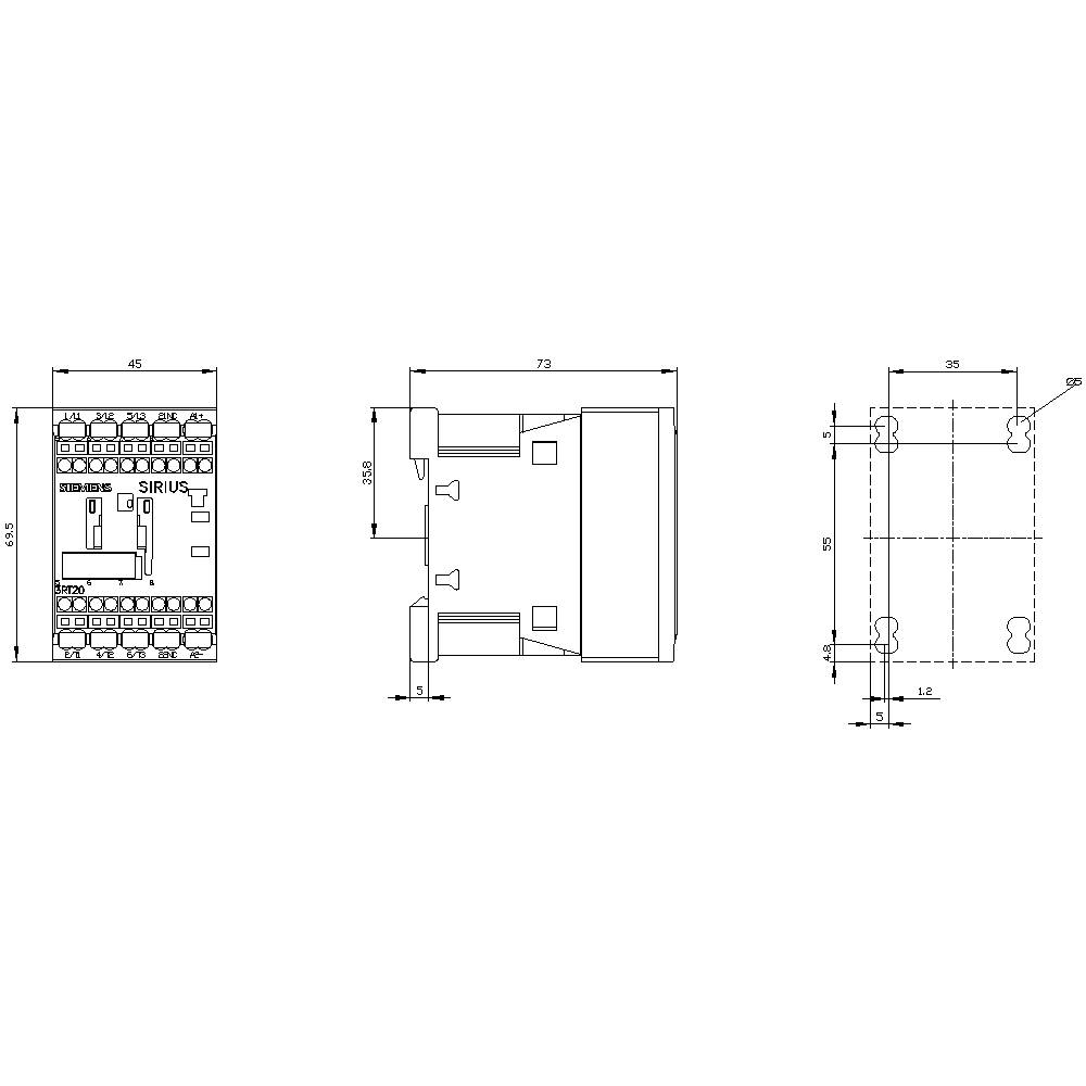 Dessin technique d'un composant électrique avec vue de face, vue latérale et vue de dessus ; comprend des dimensions telles que largeur 45 mm et profondeur 73 mm.