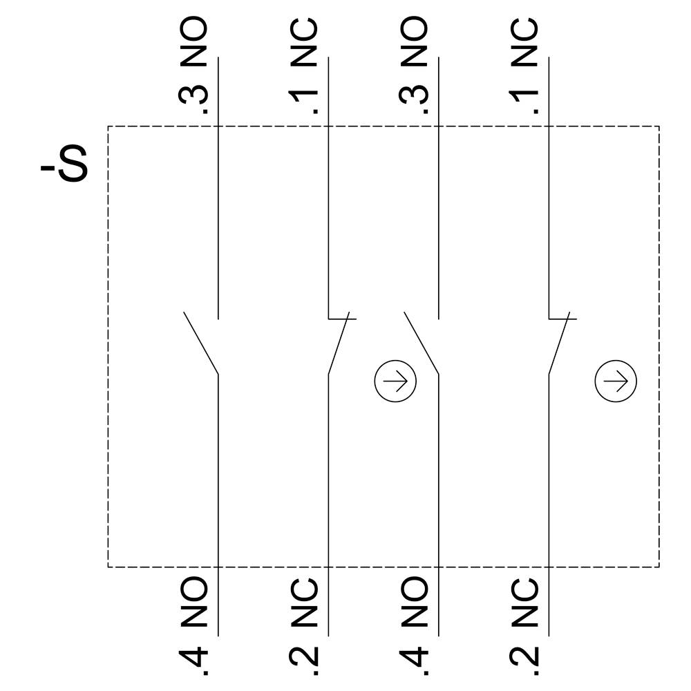 Le schéma de câblage montre quatre interrupteurs, étiquetés '1 NC', '2 NC', '3 NO', '4 NO', tous avec une flèche orientée dans la même direction.