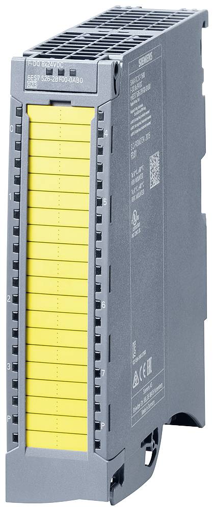 Un module électrique gris avec des éléments jaunes, probablement un dispositif de commande industriel de Siemens, montré de face et de côté.