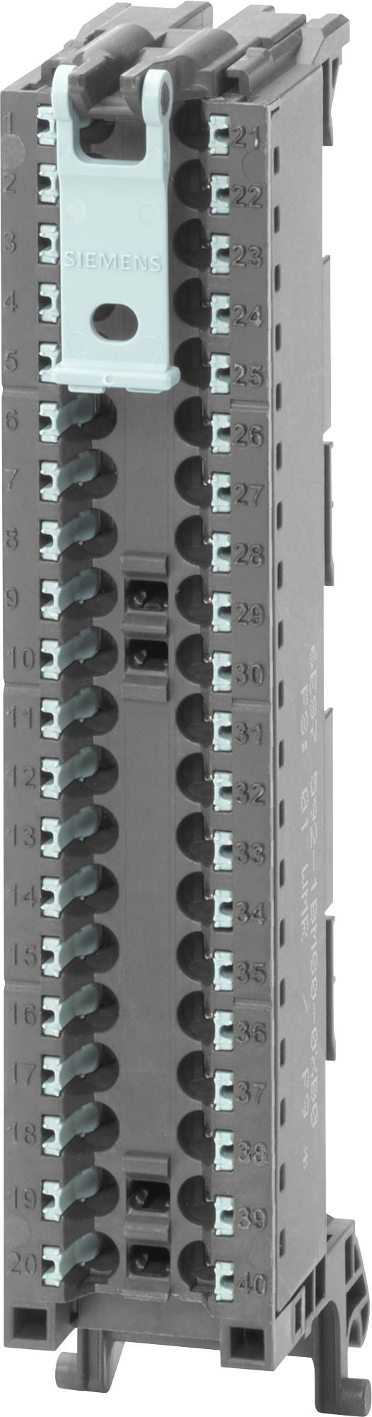 Un bloc terminal Siemens gris avec des points de connexion numérotés et un loquet bleu clair, utilisé pour le câblage électrique et les connexions de circuit.