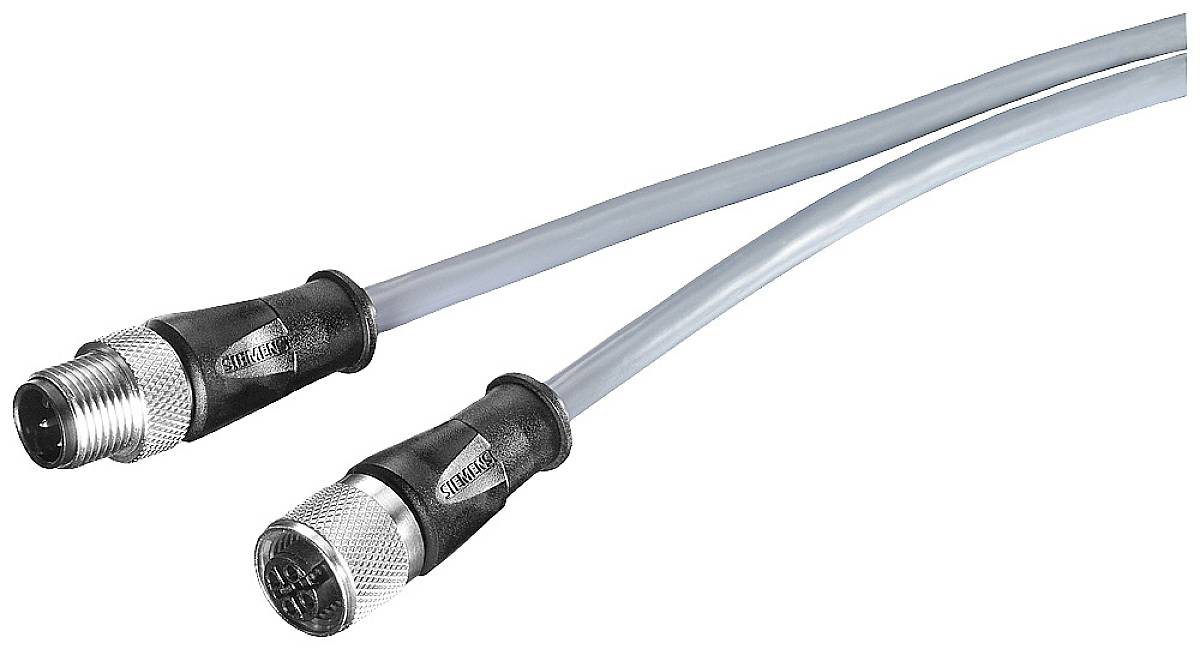 Deux câbles de connexion M12 gris avec des connecteurs noirs, utilisés pour des applications industrielles afin de relier des appareils électroniques.
