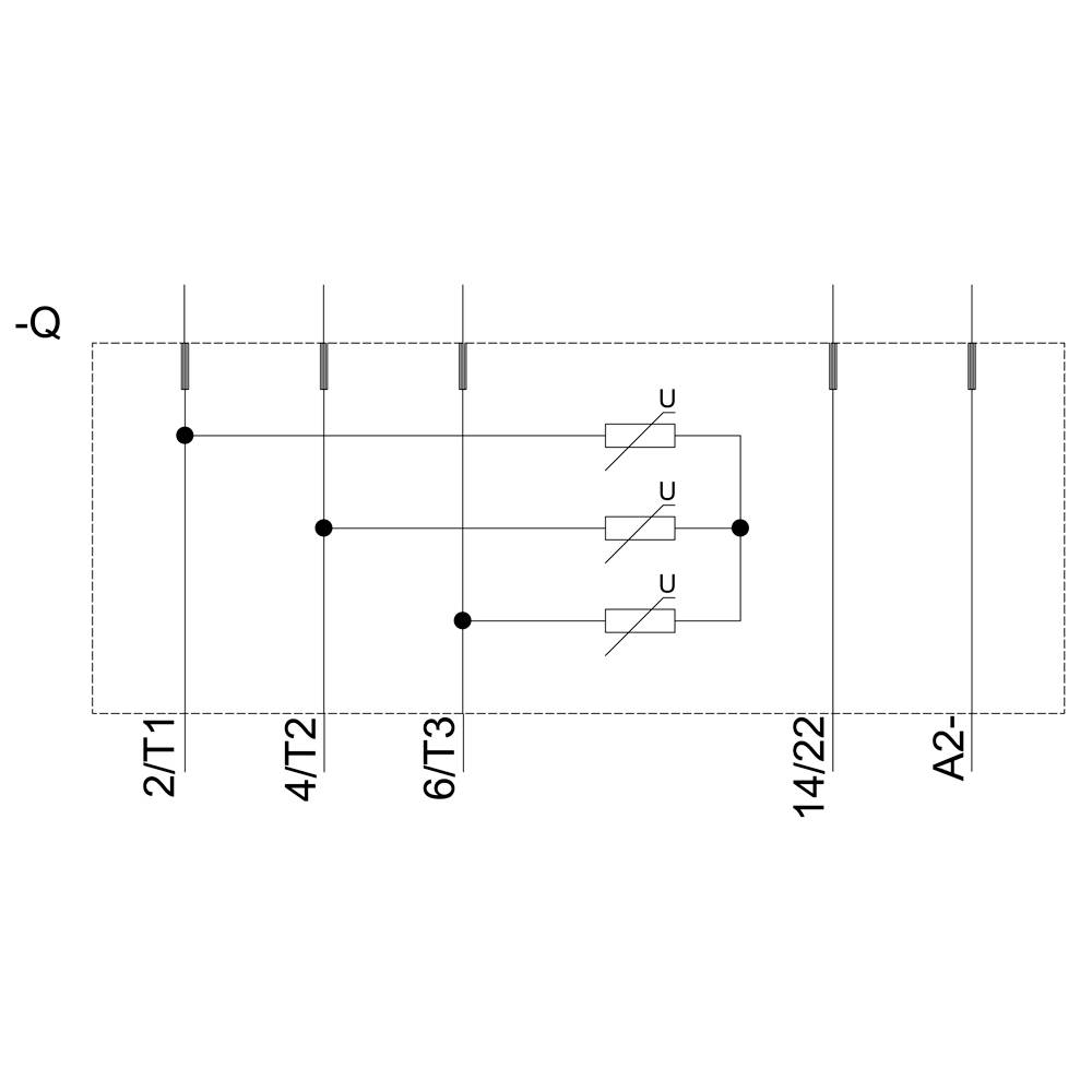 Le diagramme montre le câblage du relais : 2/T1, 4/T2, 6/T3, 14/22, A2. Les contacts et les diodes de protection relient la bobine et les circuits.