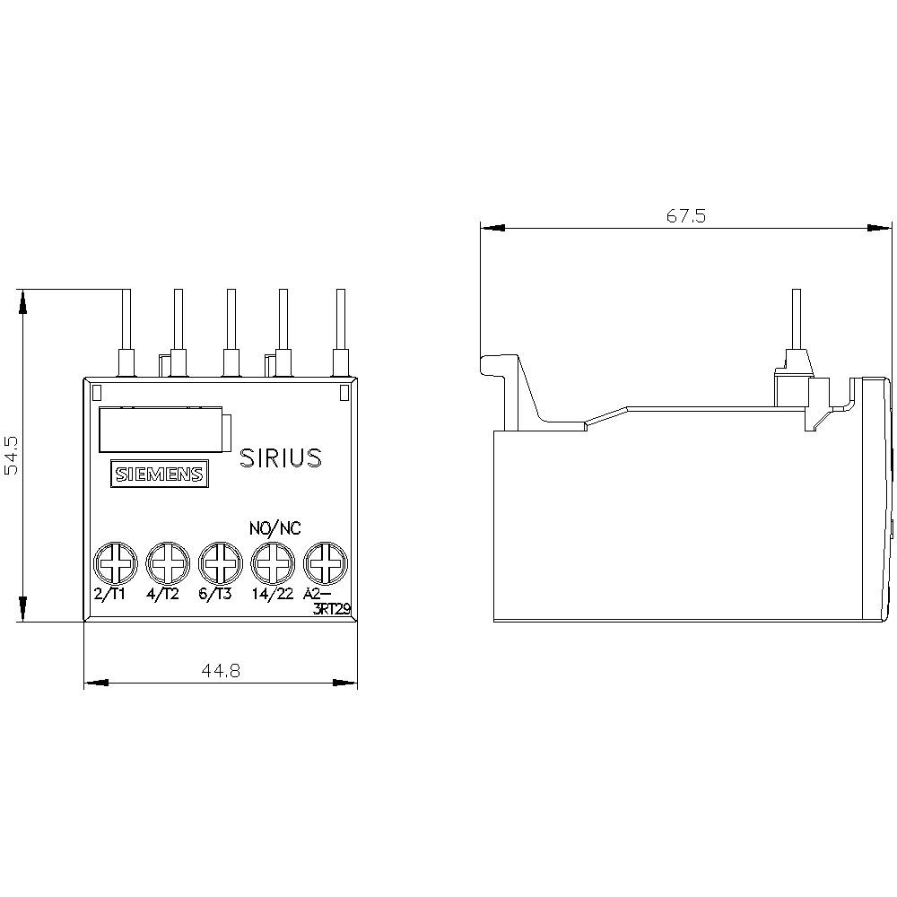 Dessin d'un module de relais électrique Siemens 'SIRIUS' avec dimensions techniques et détails de connexion.