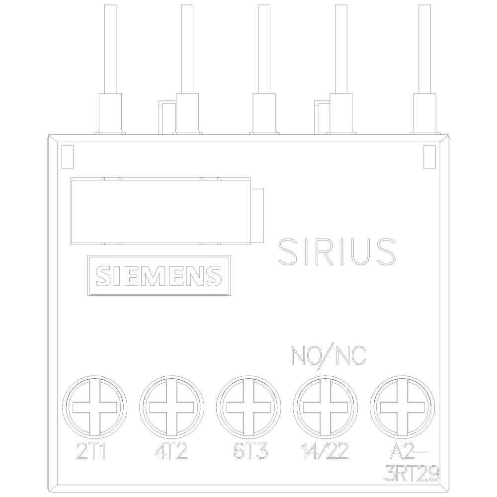 Dessin d'un appareil de commutation Siemens Sirius avec bornes en haut et étiquettes en bas : 2T1, 4T2, 6T3, 14/22, A2-3RT29, NO/NC.