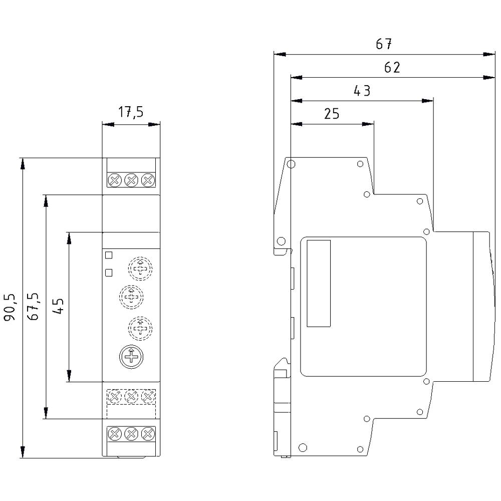'Dessin technique d'un appareil électrique avec vue de face et vue latérale. Dimensions : hauteur 90,5 mm, largeur 67 mm, profondeur 62 mm.'