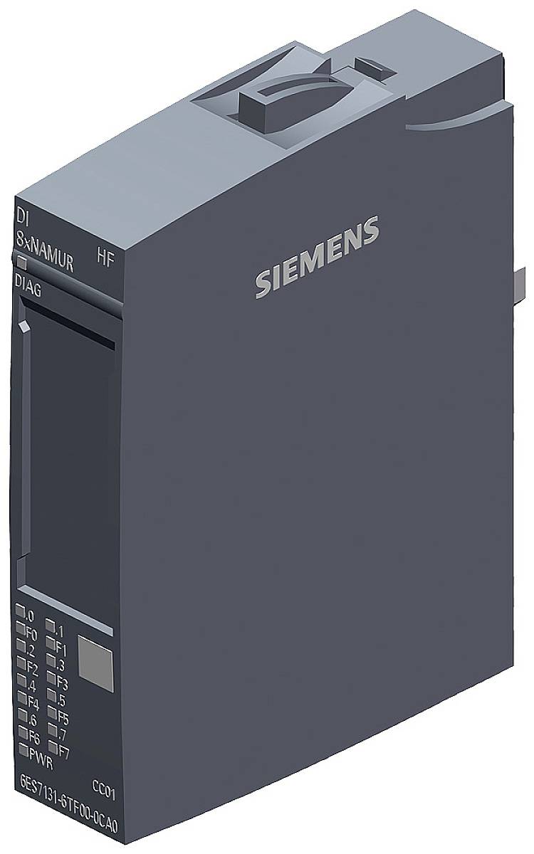 Module gris Siemens pour applications industrielles, avec étiquettes 'DI', 'NAMUR', 'HF' et 'DIAG', montrant des indicateurs d'entrée et de statut.