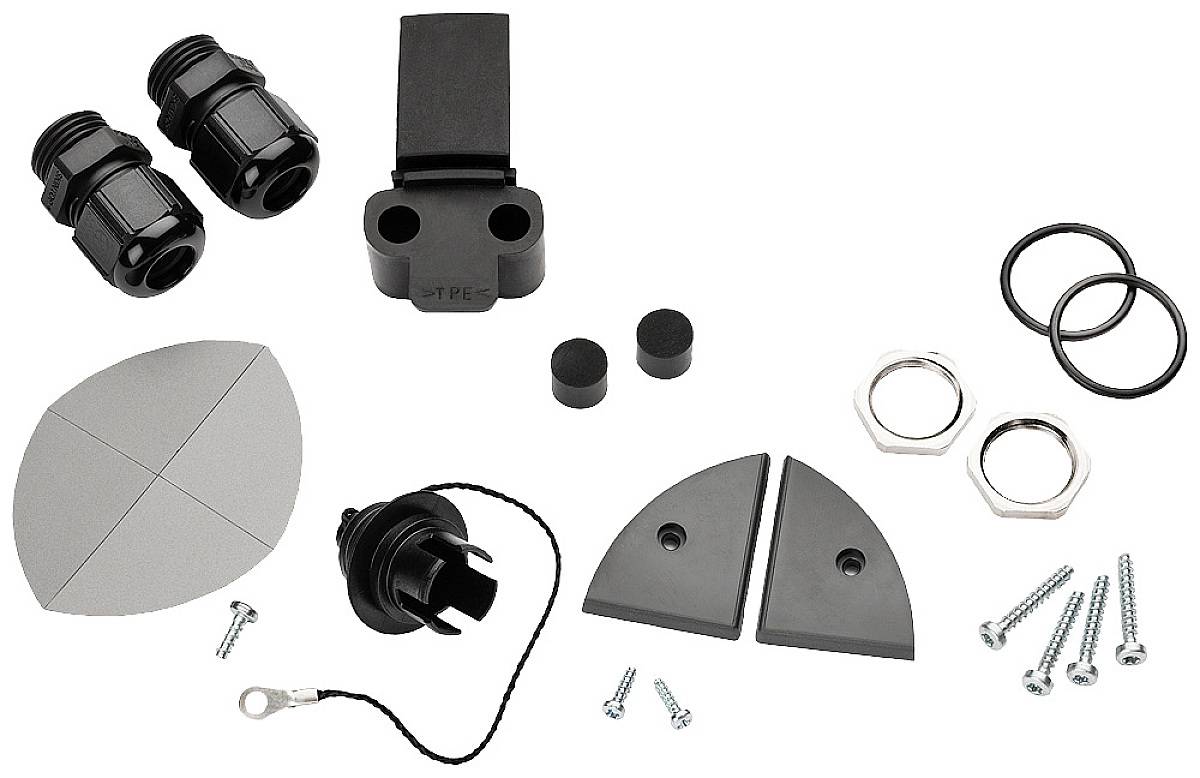 Kit comprenant différentes pièces en plastique noir, des vis, des joints et un connecteur de câble, adapté pour des travaux de montage ou de réparation.