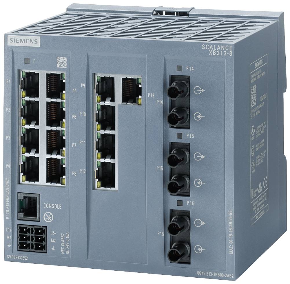Commutateur Ethernet Siemens Scalance XB213-3 avec 12 ports, indicateurs LED et connexions. Matériel réseau pour applications industrielles.
