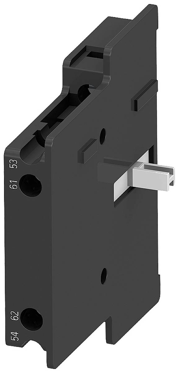 Pièce rectangulaire noire en plastique avec une fiche métallique au centre et des repères numériques sur le côté, probablement un composant électronique.