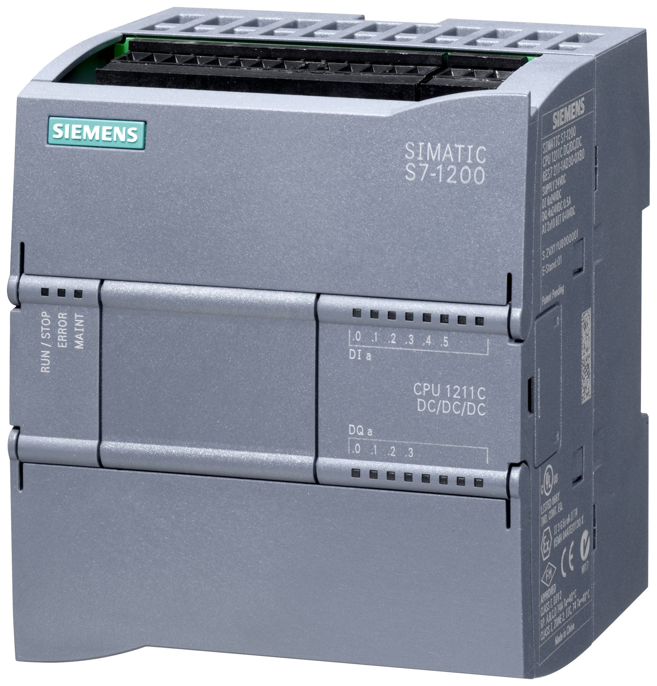Un automate industriel Siemens, modèle SIMATIC S7-1200, boîtier gris avec étiquettes.