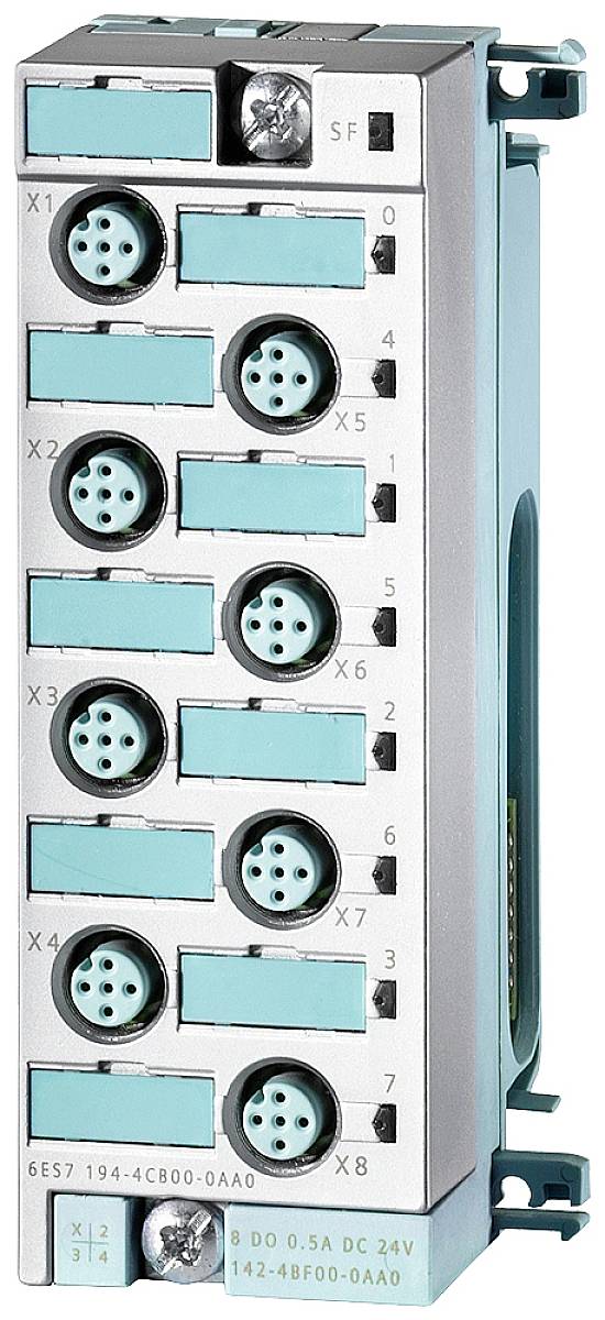 Module de contrôleur industriel avec huit connexions rondes numérotées et une vis en haut à droite.