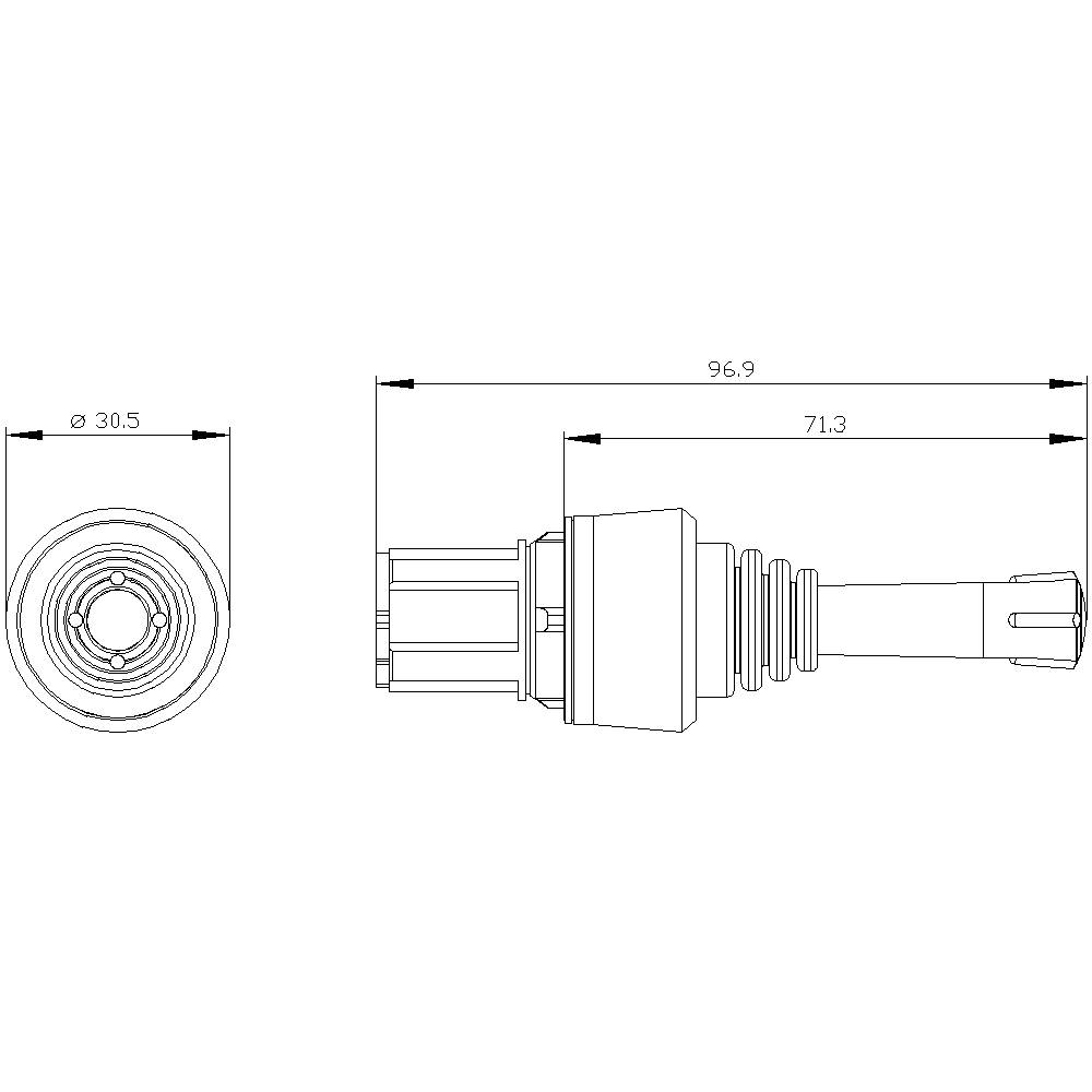 Dessin technique d'un connecteur de bougie d'allumage avec dimensions : Longueur 96,9 mm, diamètre 30,5 mm. Présente une vue de côté et une vue de face.