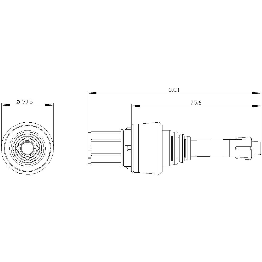 Dessin d'un axe mécanique avec dimensions : longueur totale de 101,1 mm, longueur d'axe de 75,6 mm, diamètre de 30,5 mm à une extrémité.