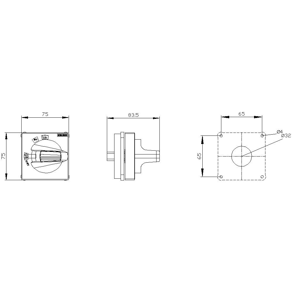 Dessin technique d'un interrupteur en trois vues : vue de face, vue latérale et vue de dessus. Dimensions : 75x75, profondeur de 83,5, 65x65 mm.