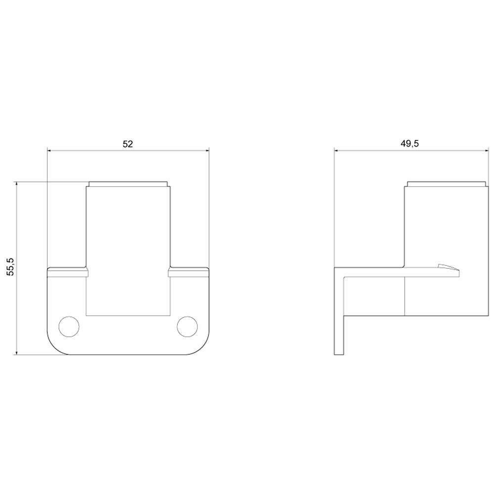 Dessin technique montrant deux vues d'un composant avec les dimensions : 55 mm de hauteur, 52 mm de largeur de face, 49,5 mm de largeur de côté.