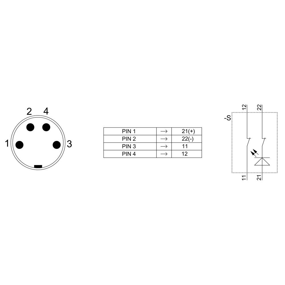 'Schéma de câblage d'une fiche à 4 broches avec tableau de brochage : BROCHE 1 vers 21(+), BROCHE 2 vers 22(-), BROCHE 3 vers 11, BROCHE 4 vers 12. LED entre 21 et 22.'