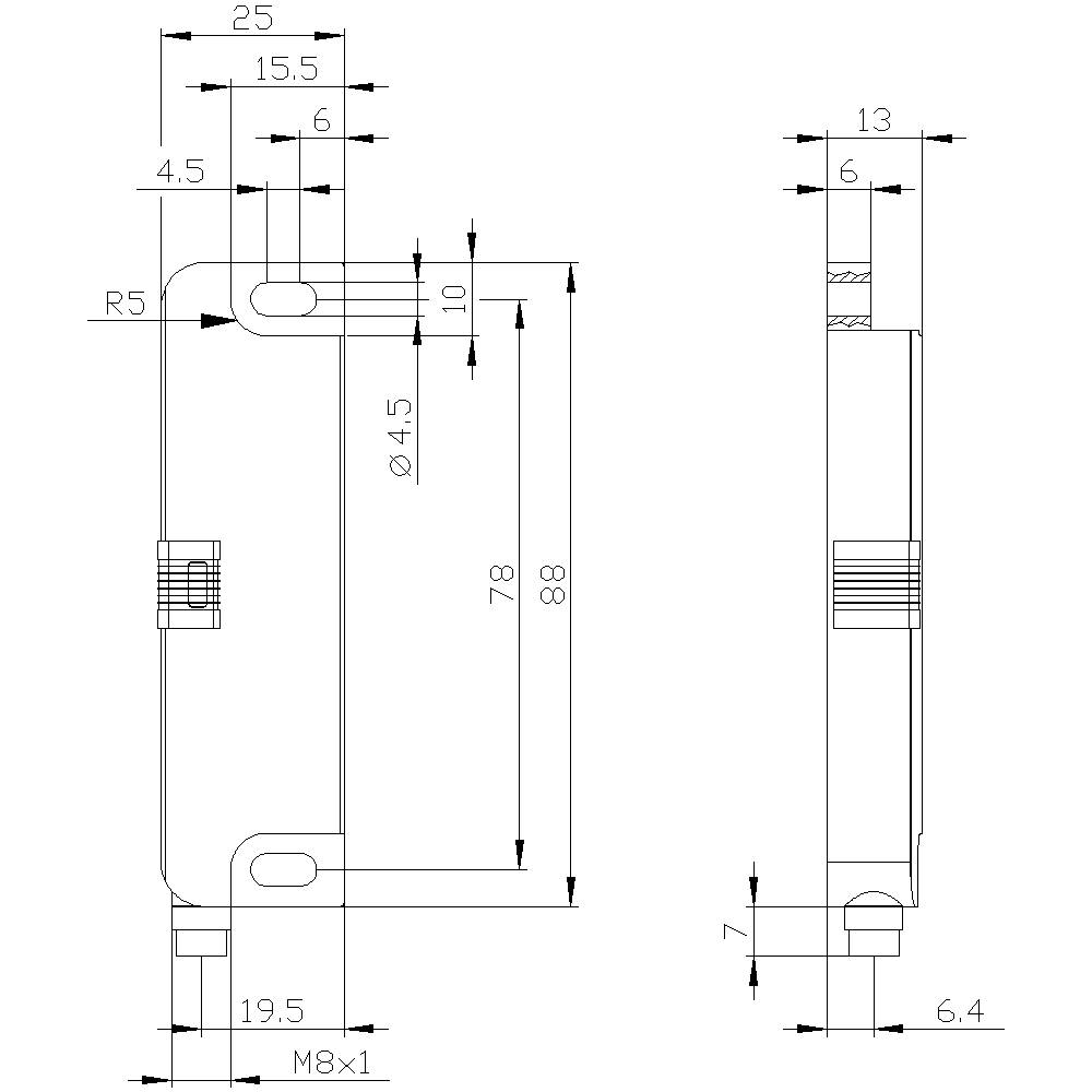Dessin technique d'une pièce métallique avec des dimensions en millimètres. La vue de dessus et la vue latérale présentent des dimensions détaillées et des spécifications de filetage.