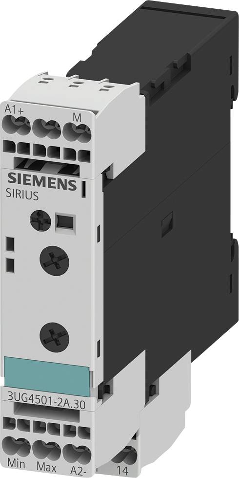 Relais temporel électrique de Siemens, modèle Sirius 3UG4501-2A.30, en blanc et noir, adapté pour un montage sur tableau de commande.