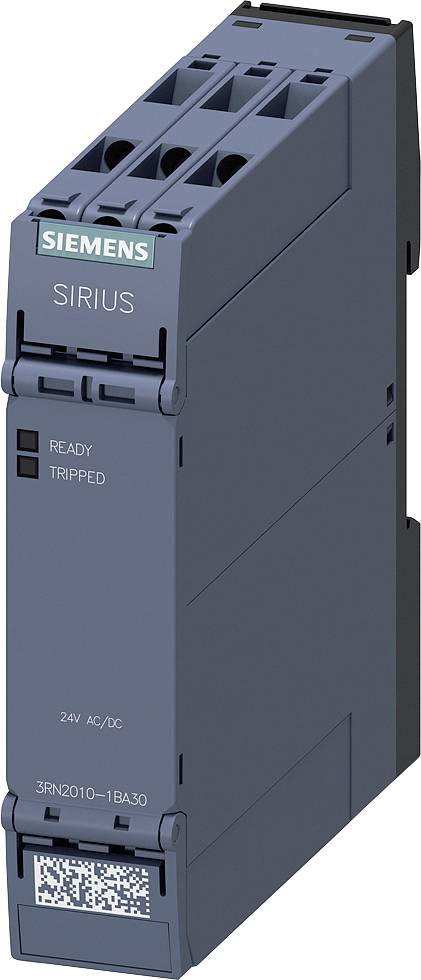 Un appareil électronique Siemens de la série SIRIUS, identifié par 'READY' et 'TRIPPED', adapté aux applications 24V AC/DC.