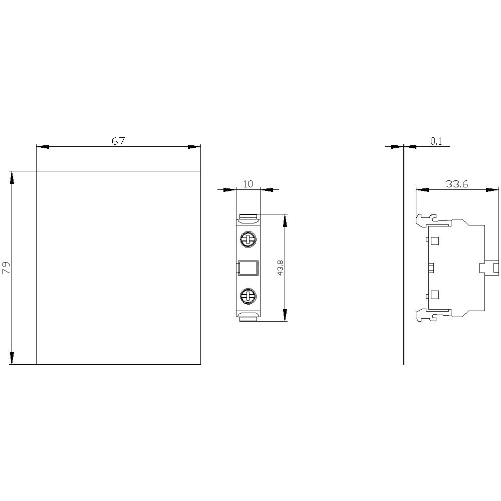 Dessin technique d'un composant avec dimensions : 67 mm de largeur, 79 mm de hauteur, 33,6 mm de profondeur. Présente les vues de face, de côté et de dessus.