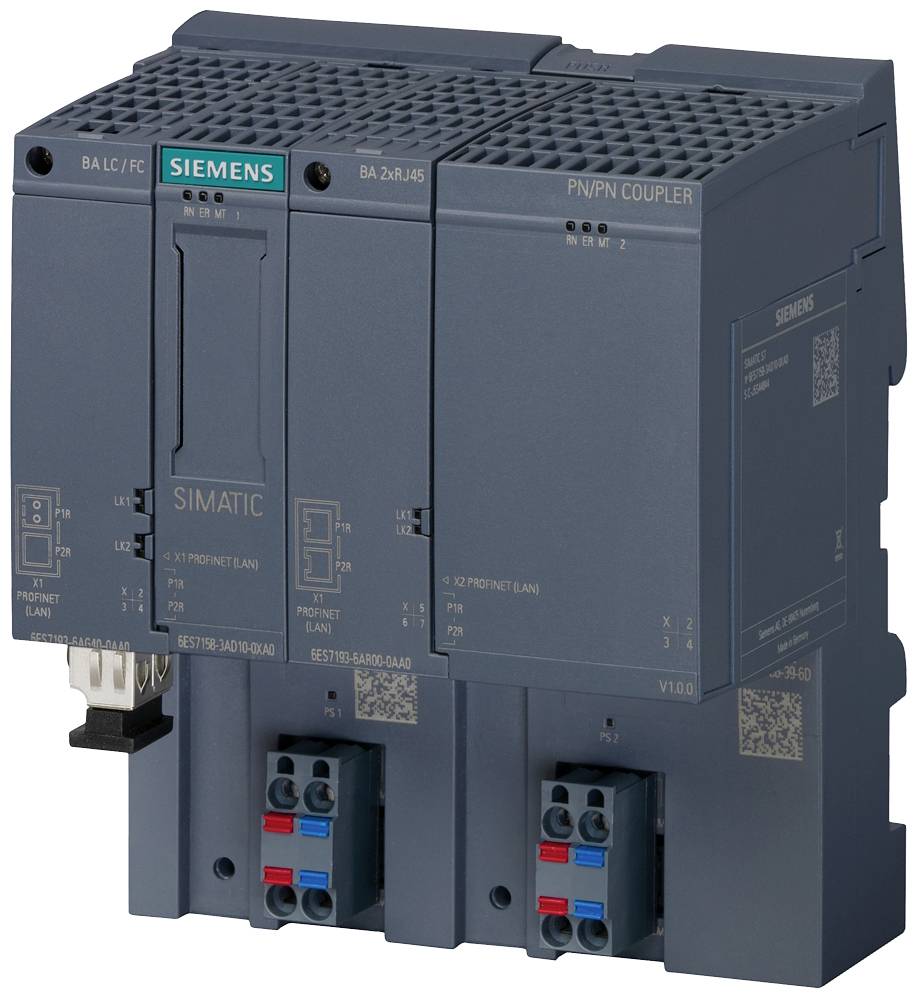 Appareil industriel de Siemens pour la communication réseau, composé de deux modules disposés côte à côte avec des connexions et des étiquettes.