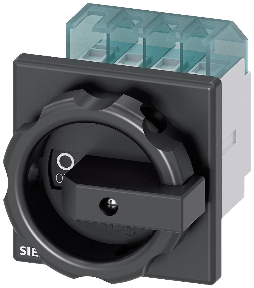Interrupteur avec manette de rotation noire, boîtier de forme rectangulaire et bloc de connexion vert transparent, adapté aux systèmes de commande électrique.