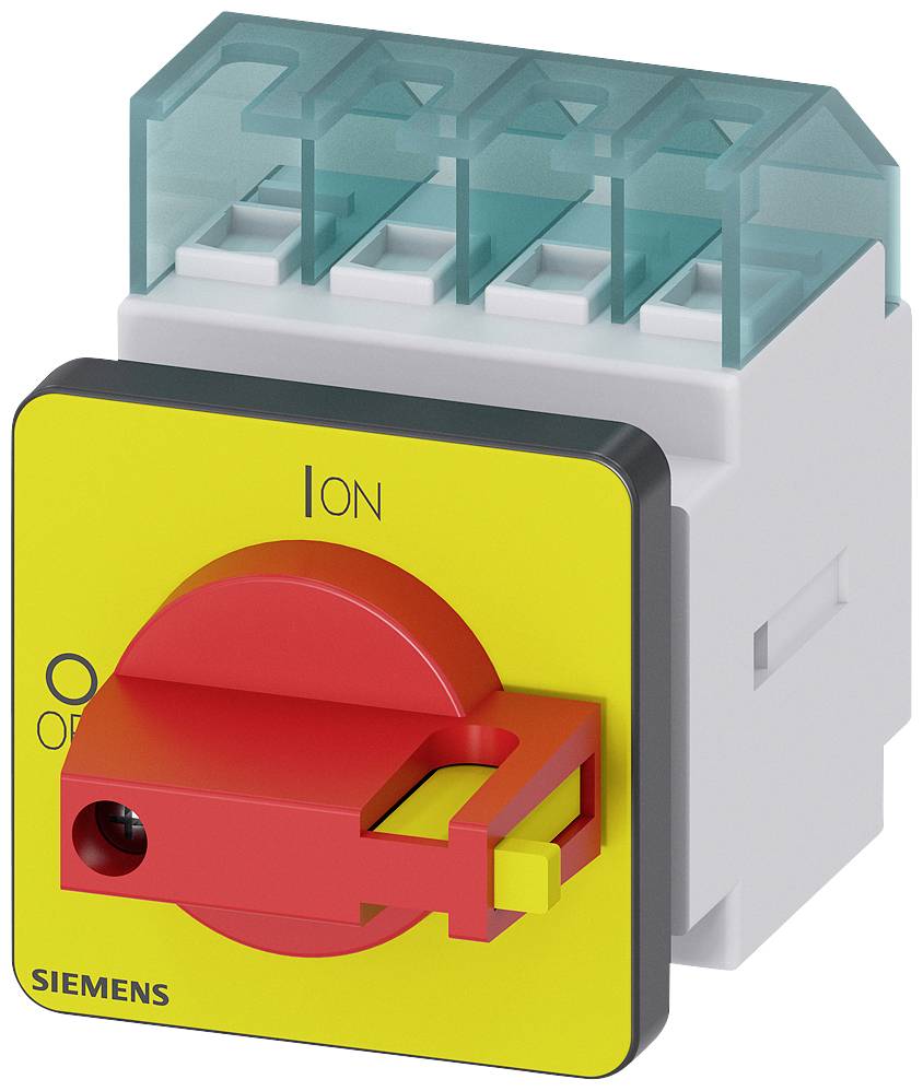 Commutateur rotatif en rouge et jaune, portant le texte 'Siemens' et les positions 'ON' et 'OFF' en anglais, utilisé pour le contrôle de systèmes électriques.