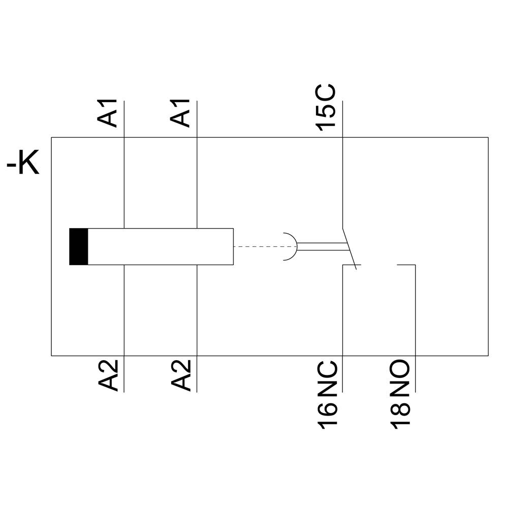 Symbole de commutation : La bobine '-K' commande un interrupteur. Bornes : A1, A2, 15C, 16NC, 18NO. Commute de 16NC à 18NO lors de l'activation.