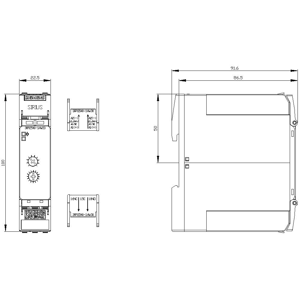 Dessin technique d'un appareil électronique avec vue de face et vue latérale. Dimensions : hauteur 100 mm, largeur 22,5 mm, profondeur 91,6 mm.