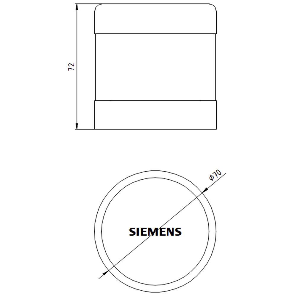 Dimensions d'un composant cylindrique d'une hauteur de 72 mm et d'un diamètre de 70 mm. Le texte 'SIEMENS' est visible.