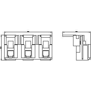 Plan architectural montrant trois pièces adjacentes en vue de dessus, avec des détails correspondants en vue latérale.