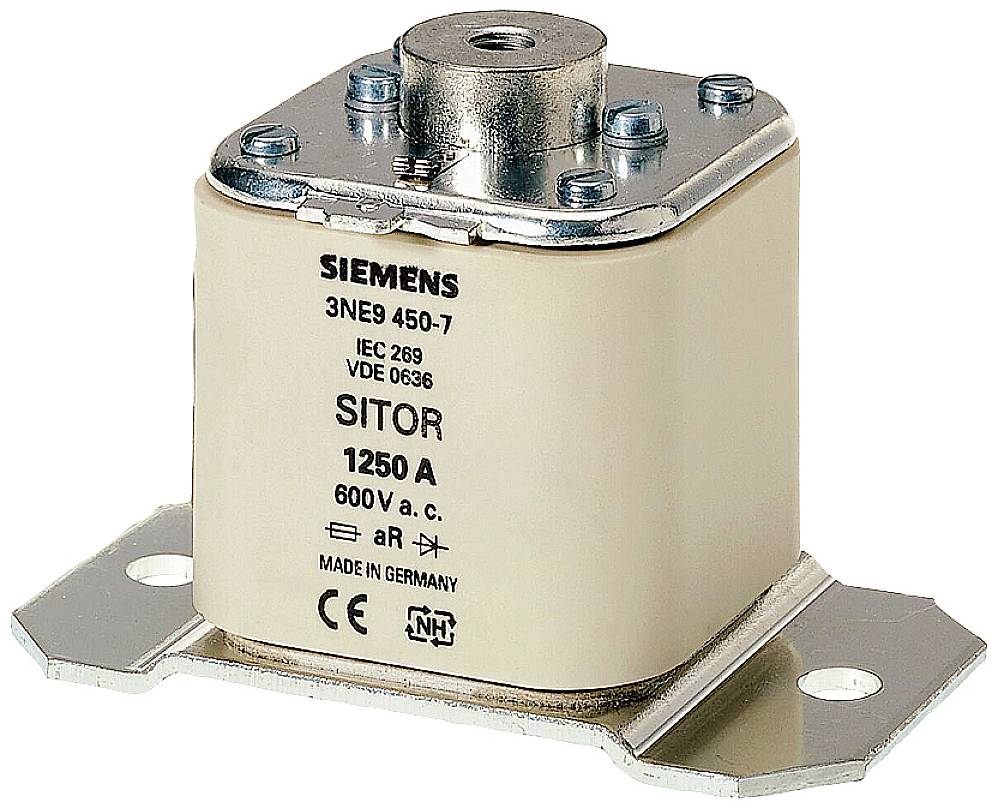 Fusible céramique Siemens, modèle 3NE9 450-7, SITOR, 1250 A, 600 V c.a., avec socle de montage.