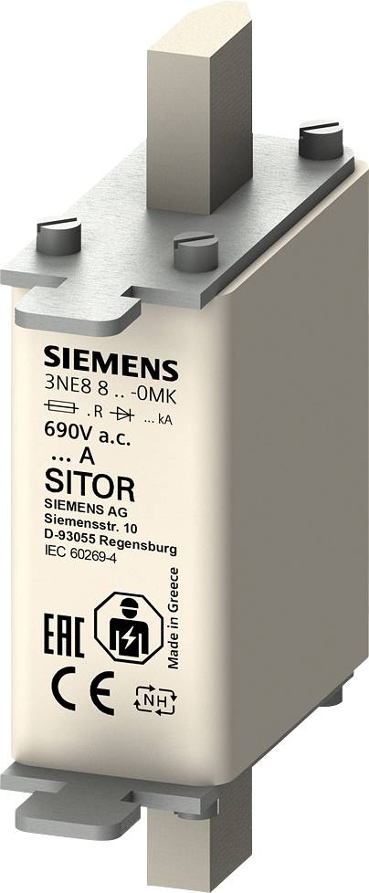 Fusible Siemens, modèle 3NE8, pour courant alternatif 690V, avec marquage CE et EAC, fabriqué en Grèce.
