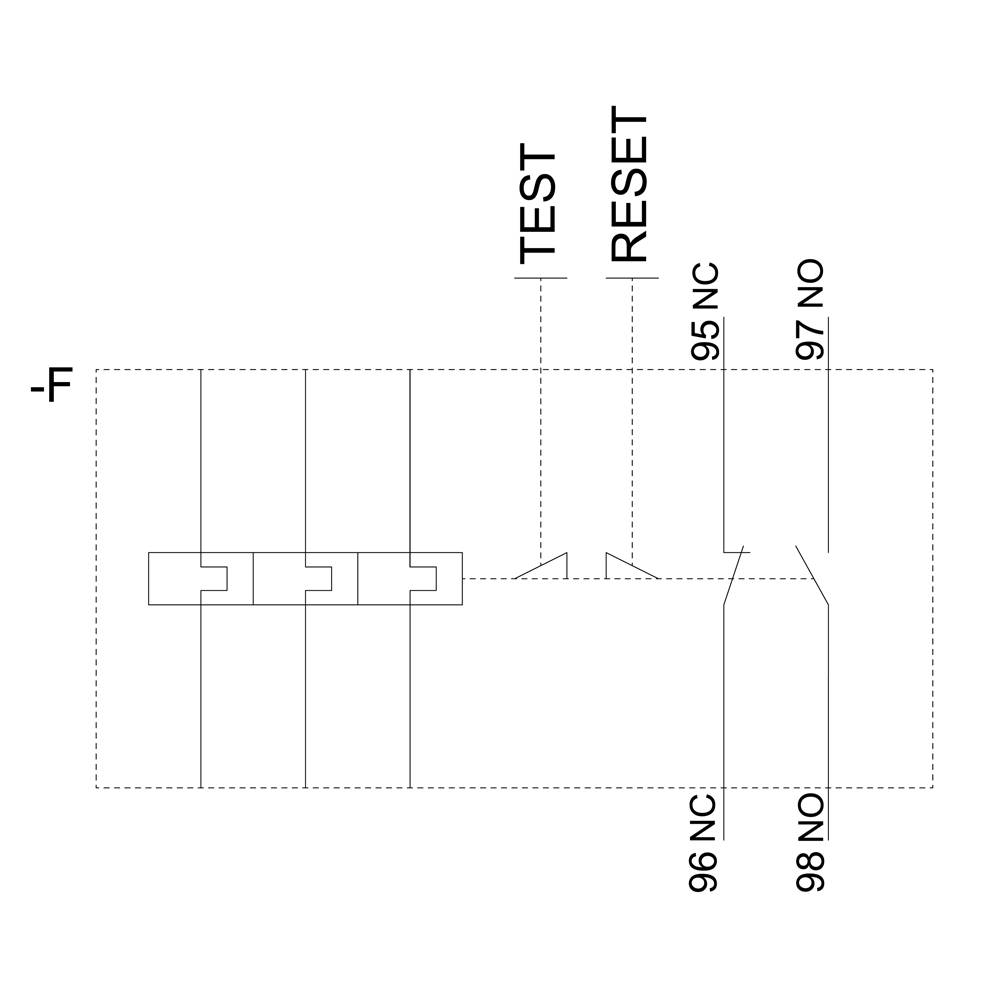 Schéma de câblage d'un relais électrique : montre les touches de test et de réinitialisation, ainsi que les contacts 95 NC, 96 NC, 97 NO et 98 NO. Diagramme supérieur à gauche.