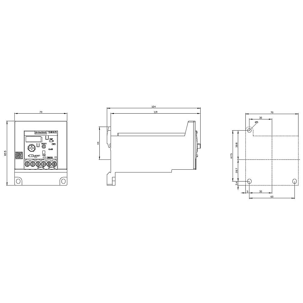 L'image présente des dessins techniques d'un appareil électronique avec des vues de face, de côté et de dessus, incluant les dimensions.