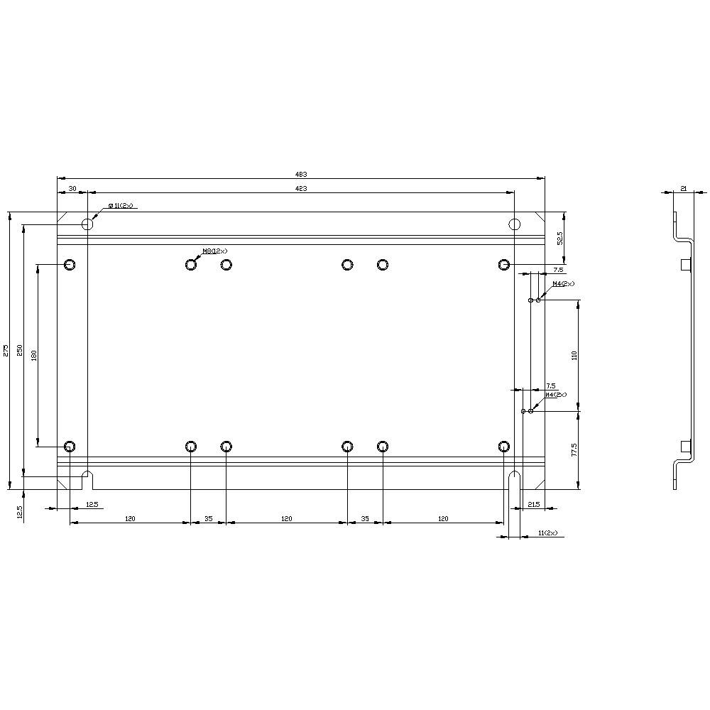 Dessin technique d'une pièce métallique rectangulaire avec dimensions et trous poinçonnés. Cotations en millimètres. Conception et production.