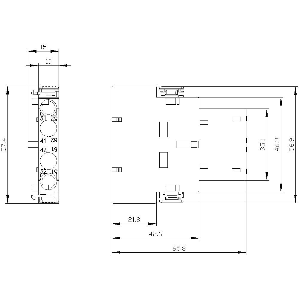 Dessin technique d'un composant électrique avec des dimensions en millimètres. Présente deux vues : vue de face et vue latérale.
