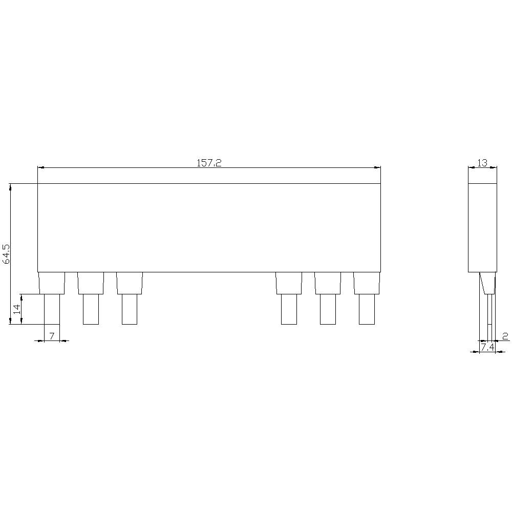 Dessin technique d'un composant électronique avec dimensions : largeur 157,2 mm, hauteur 14,5 mm, épaisseur 13 mm. Vue latérale et vue de face.