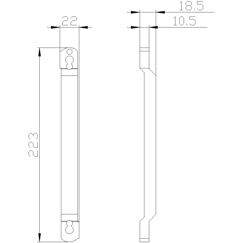 Dessin technique d'une poignée métallique avec dimensions : longueur totale 223 mm, largeur 22 mm, écarts de perçage 18,5 mm et 10,5 mm.