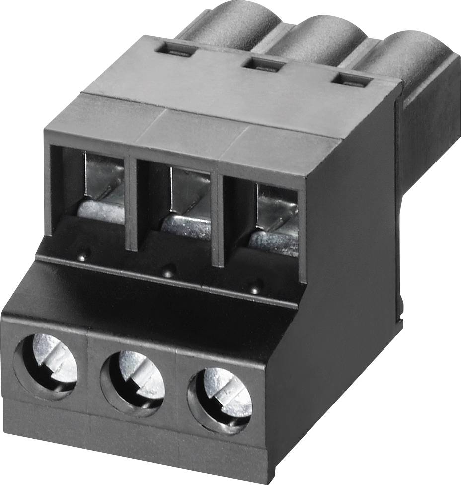 Bornier noir tripolaire avec contacts métalliques, adapté pour la connexion de câbles électriques dans les appareils électroniques.
