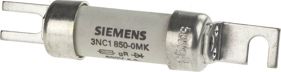 Un fusible cylindrique de Siemens, modèle 3NC1 850-0MK, avec embouts métalliques, spécifié pour 690V et 3A.