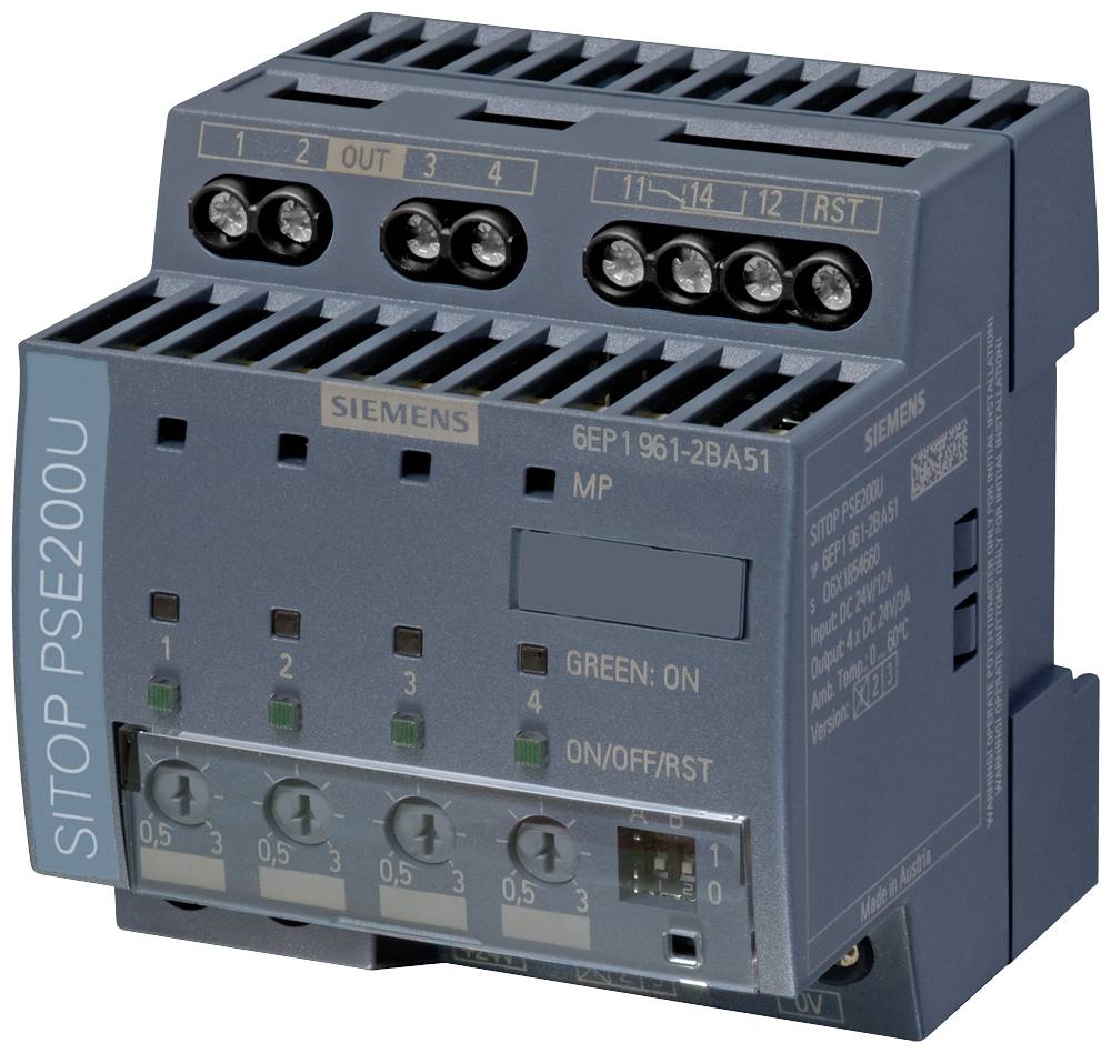Un modèle d'alimentation gris Siemens 'SITOP PSE200U', montrant des connexions et des voyants LED verts pour l'état de fonctionnement et la surveillance des fonctions.