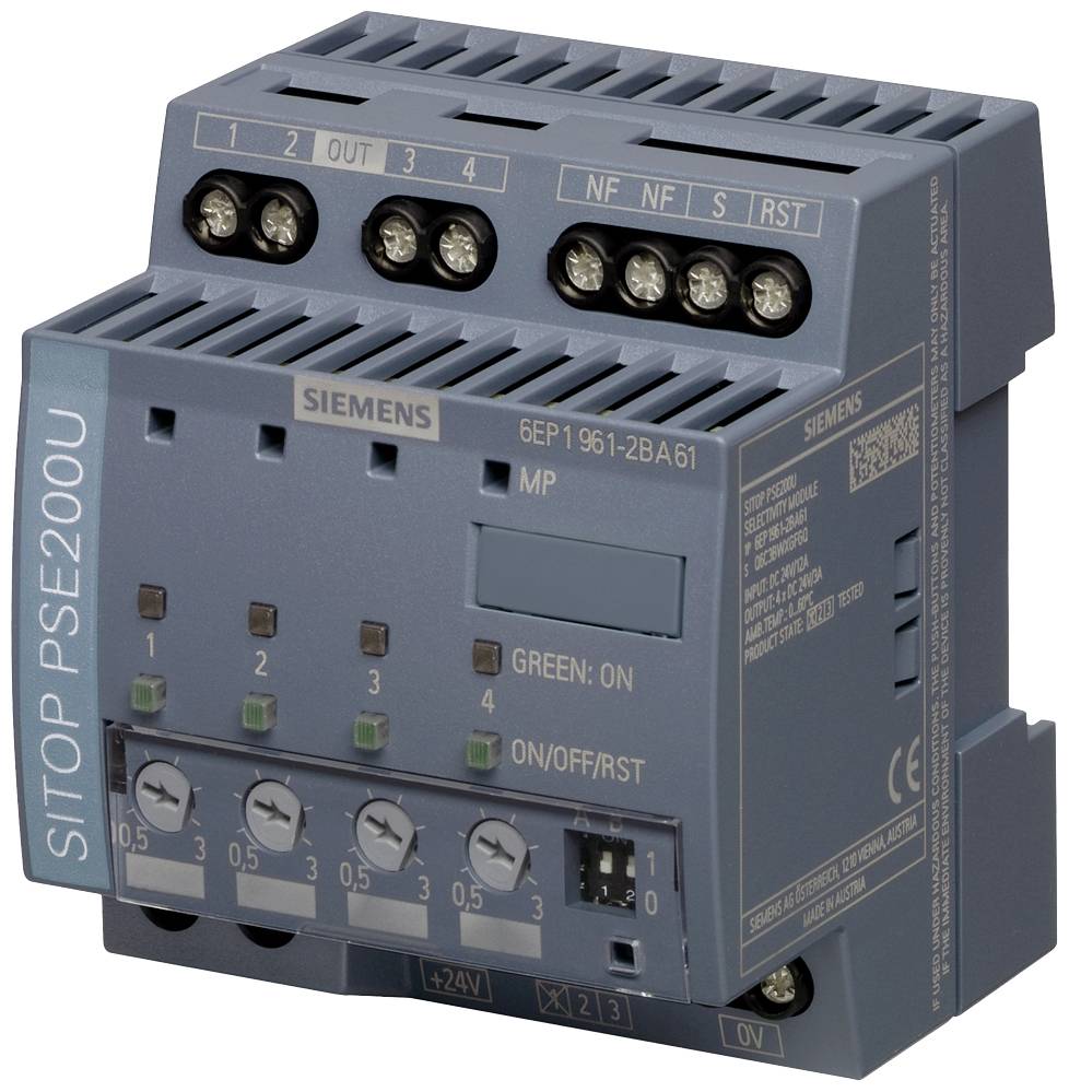 Un module Siemens SITOP PSE200U gris foncé avec des connexions de câbles en haut et des voyants LED ainsi que des interrupteurs sur le devant pour la distribution électrique.